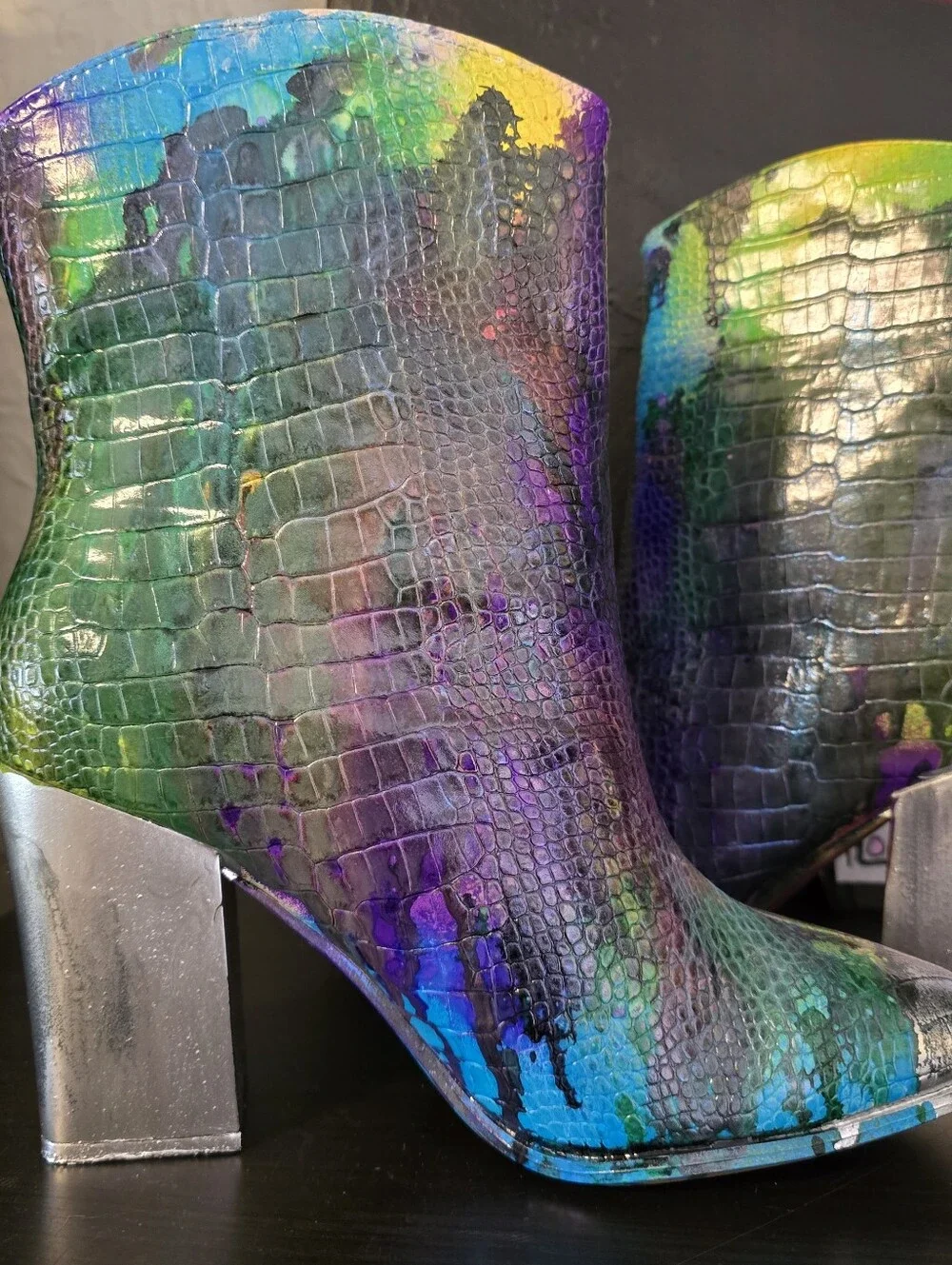 HANDCRAFTED Upcycled Ankle Boots HANDPAINTED Size 9.5 Bootie Snake Print Texture